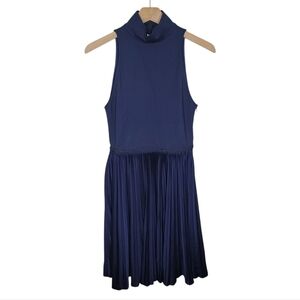Pure Navy | Mockneck Navy Blue Dress with Pleated Skirt Size 2